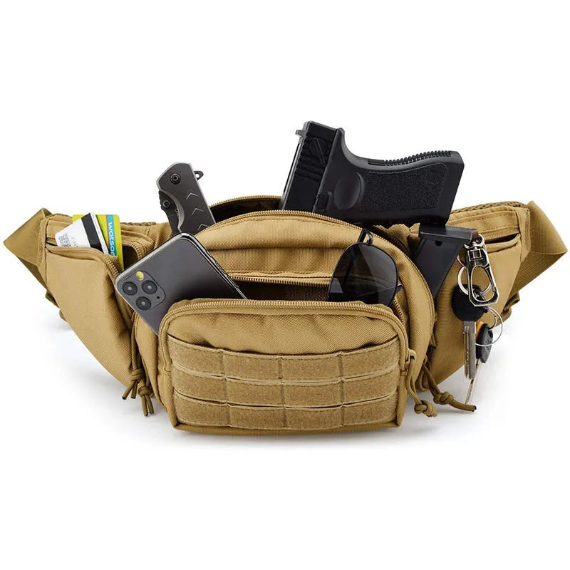 Tactical waist bag in black colour with adjustable waist strap and storage compartments