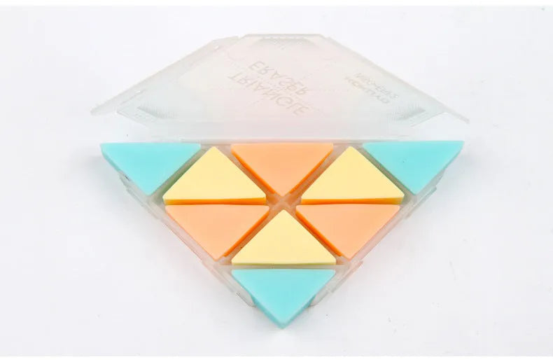 Country Reputation triangular PVC eraser in blue, red, yellow, and mixed colours for multi-angle detail erasing