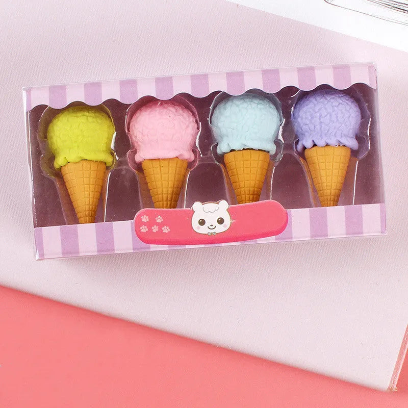 Set of 12 cartoon-shaped erasers including cones, ice creams, donuts, and lollipops for children.