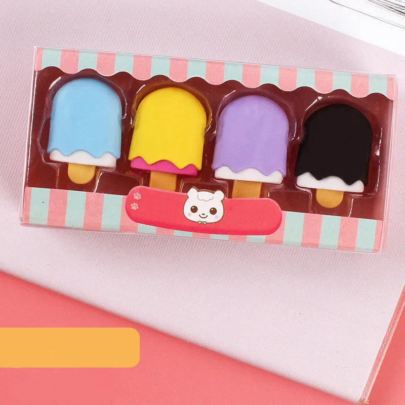 Set of 12 cartoon-shaped erasers including cones, ice creams, donuts, and lollipops for children.