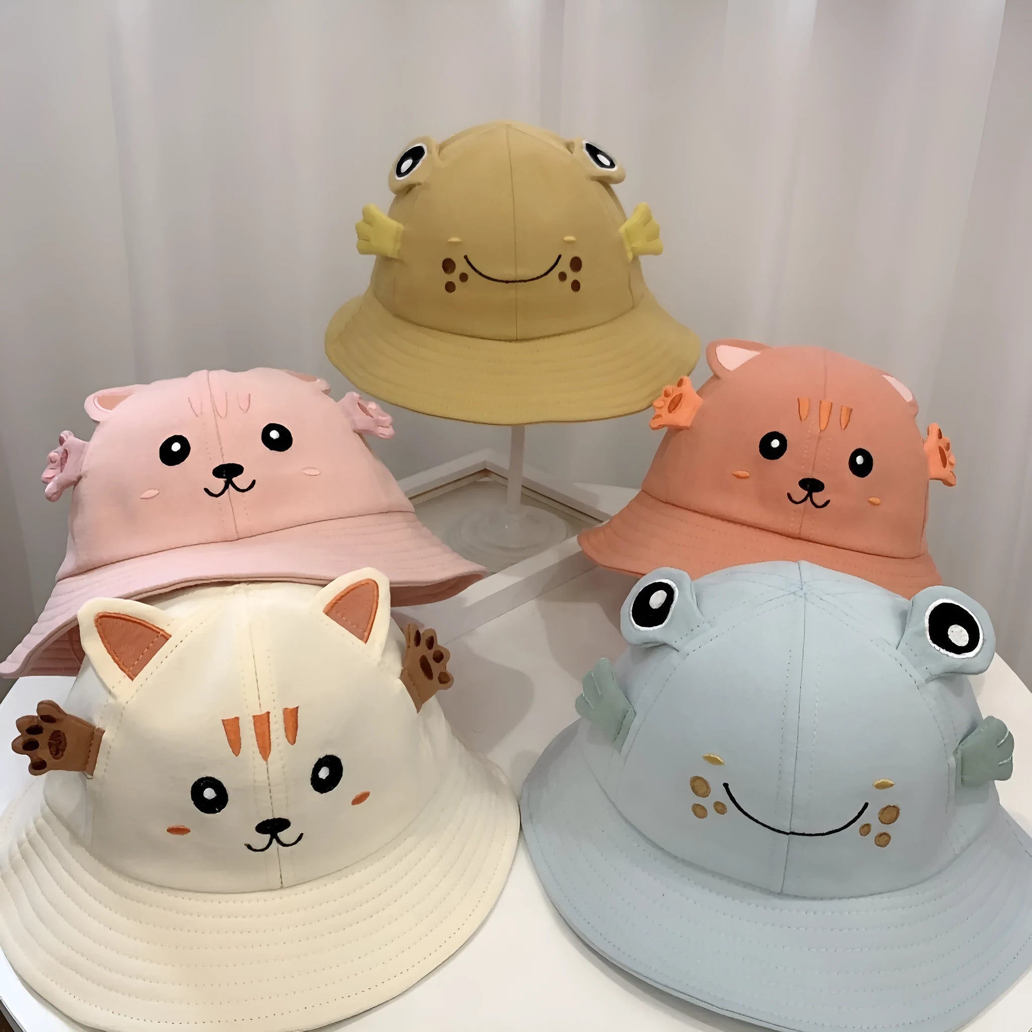 Kitten and Frog cotton sun hat for children, fisherman style, 48 cm head circumference, blue colour