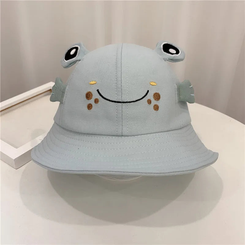 Kitten and Frog cotton sun hat for children, fisherman style, 48 cm head circumference, blue colour