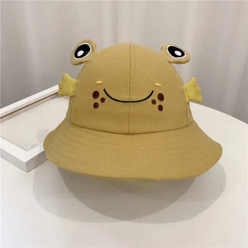 Kitten and Frog cotton sun hat for children, fisherman style, 48 cm head circumference, blue colour