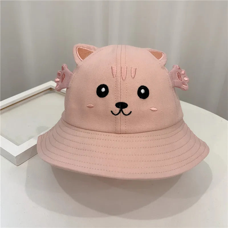 Kitten and Frog cotton sun hat for children, fisherman style, 48 cm head circumference, blue colour