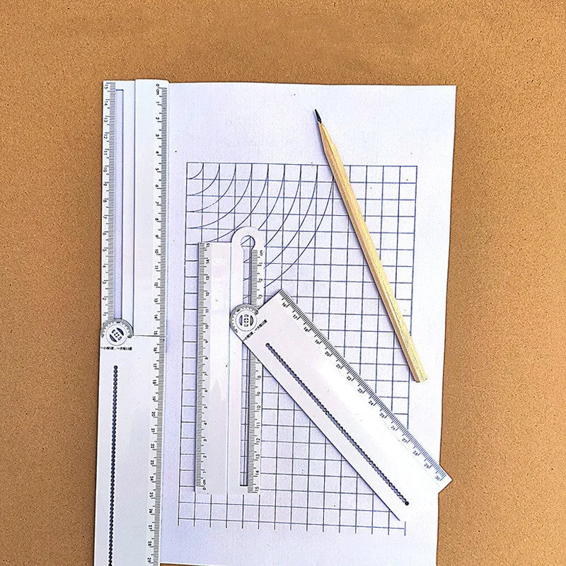 White 30 cm plastic multi-function angle and straight edge ruler.