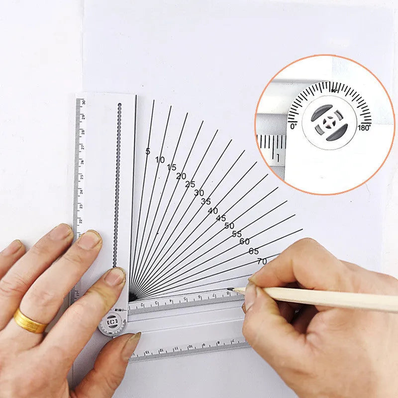 White 30 cm plastic multi-function angle and straight edge ruler.