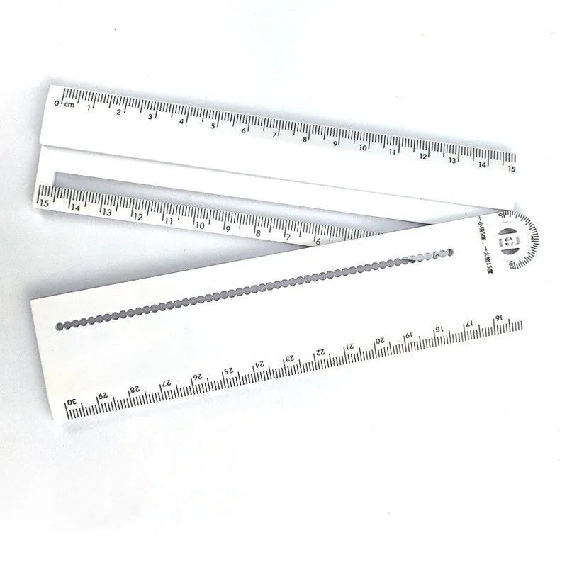 White 30 cm plastic multi-function angle and straight edge ruler.