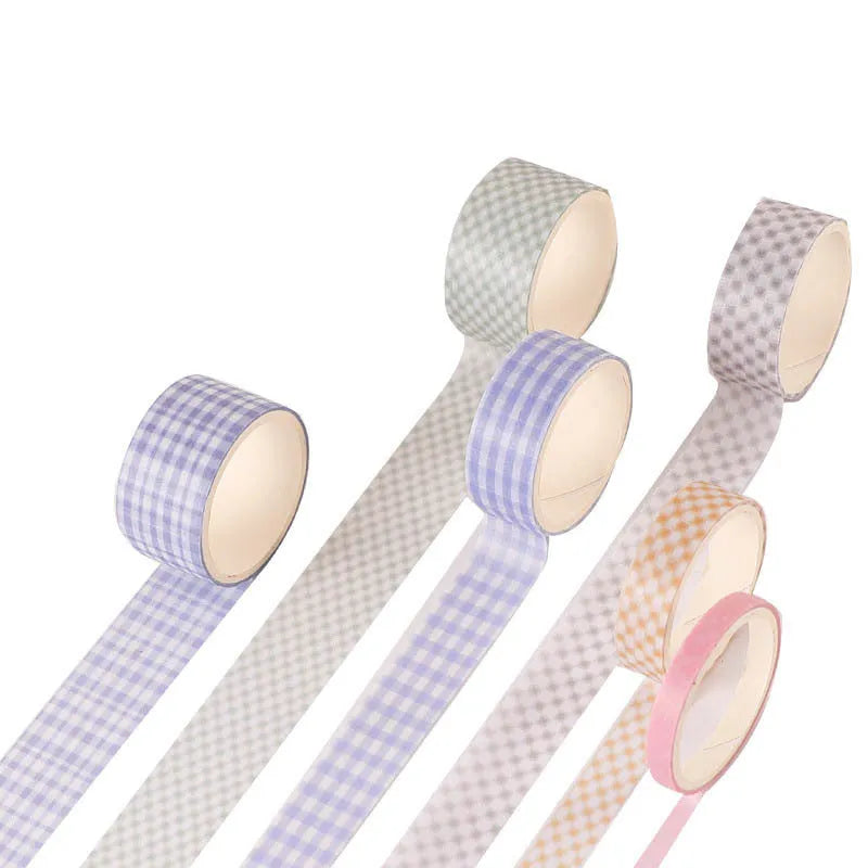 Set of six rolls of retro plaid decorative Japanese paper tape in various colours and widths.