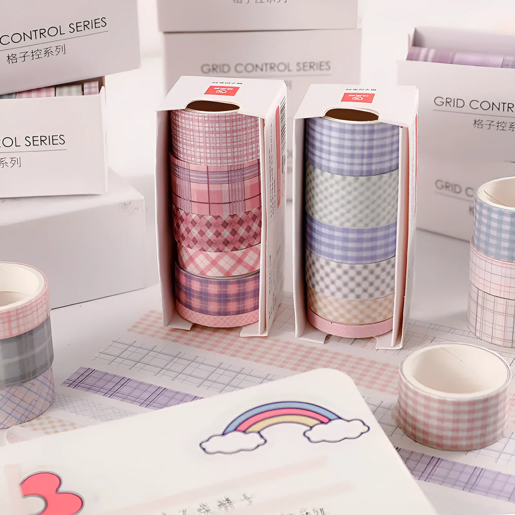 Set of six rolls of retro plaid decorative Japanese paper tape in various colours and widths.