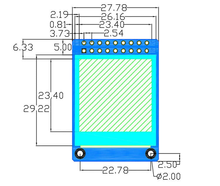 1.3-inch square IPS LCD colour display module on a green PCB with an 18-pin connector.