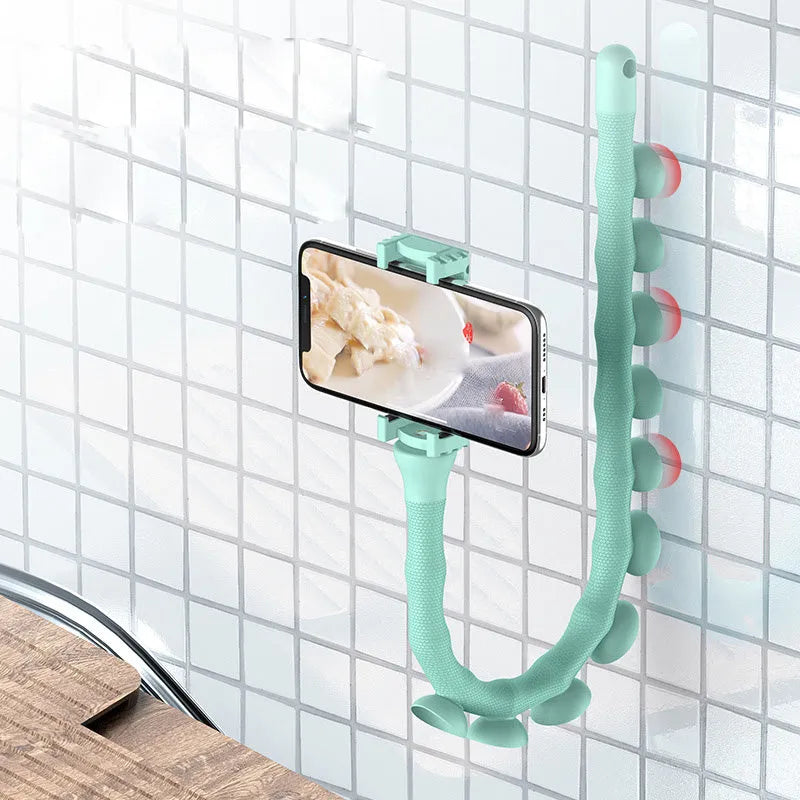 Flexible worm-style mobile phone holder with suction cup base showing 62cm reach and 360-degree rotation