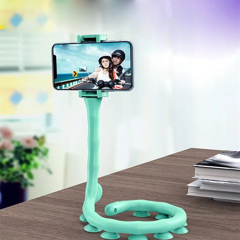 Flexible worm-style mobile phone holder with suction cup base showing 62cm reach and 360-degree rotation