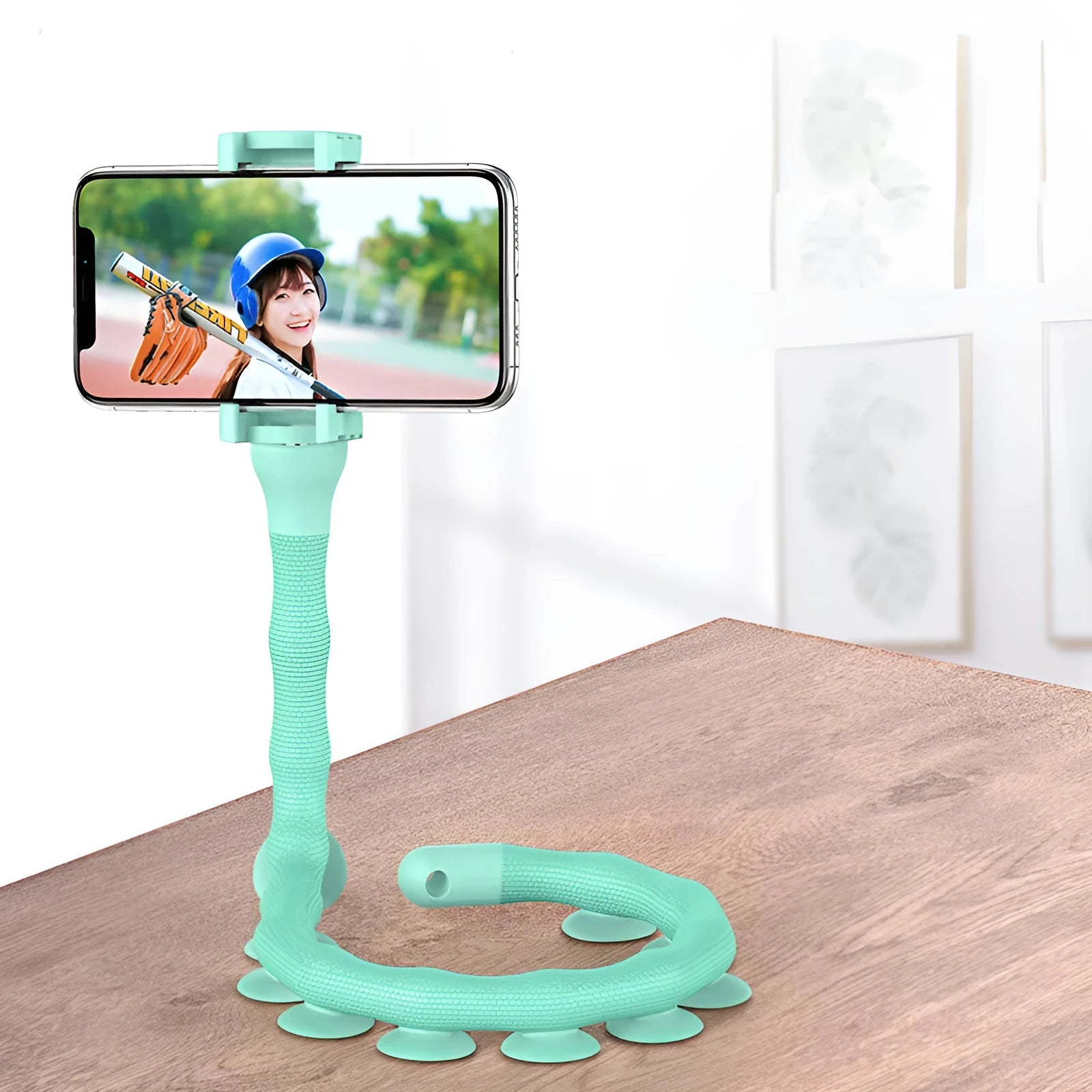 Flexible worm-style mobile phone holder with suction cup base showing 62cm reach and 360-degree rotation