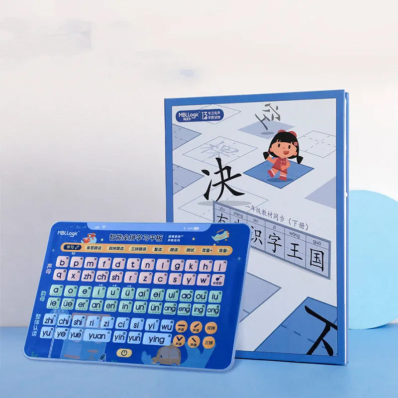 Interactive plastic audio wall chart tablet for children learning Chinese characters and pinyin, with on-screen display and physical cards.
