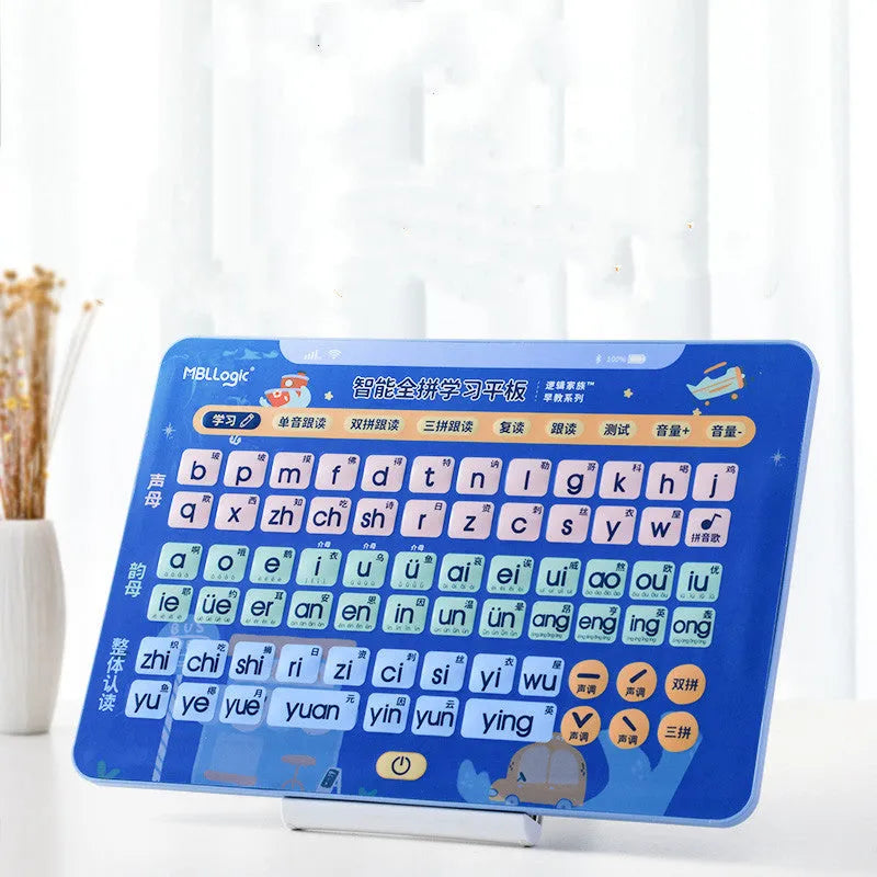 Interactive plastic audio wall chart tablet for children learning Chinese characters and pinyin, with on-screen display and physical cards.