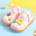 Yellow PVC kids slippers with cartoon animal pattern and porous holes
