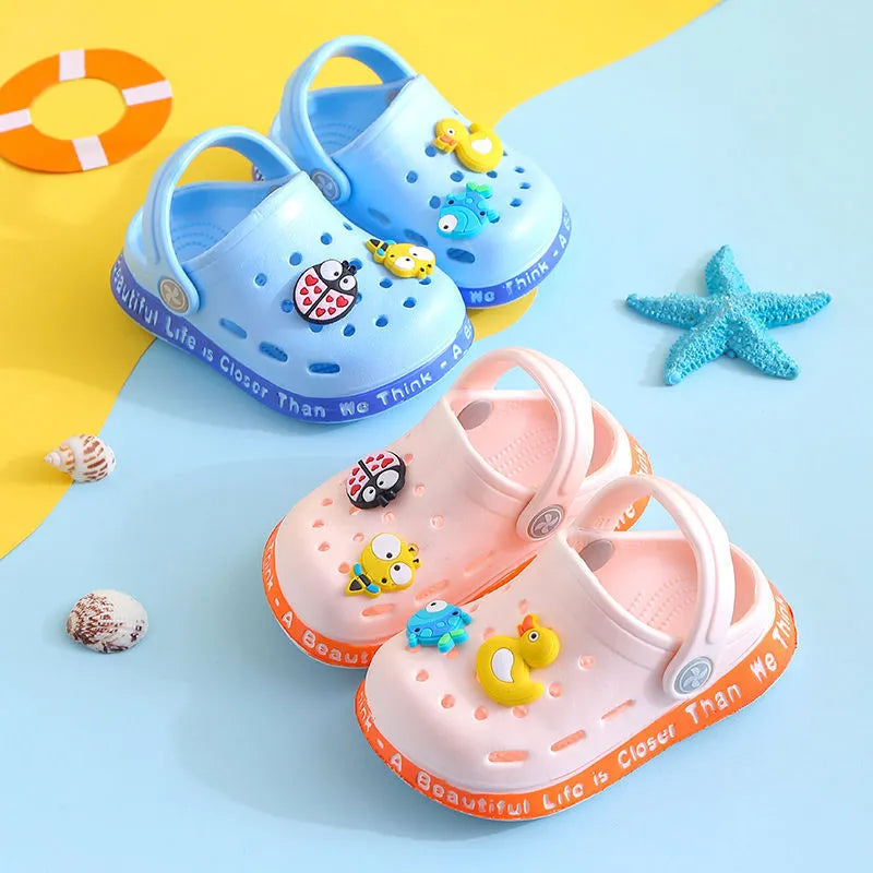 Yellow PVC kids slippers with cartoon animal pattern and porous holes