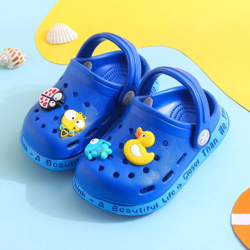 Yellow PVC kids slippers with cartoon animal pattern and porous holes