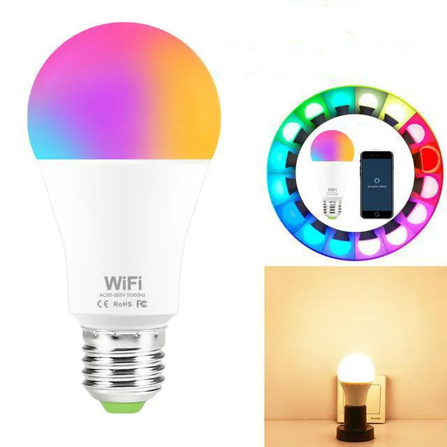 WiFi smart LED light bulb with E27 screw base showing multicolour RGB illumination.