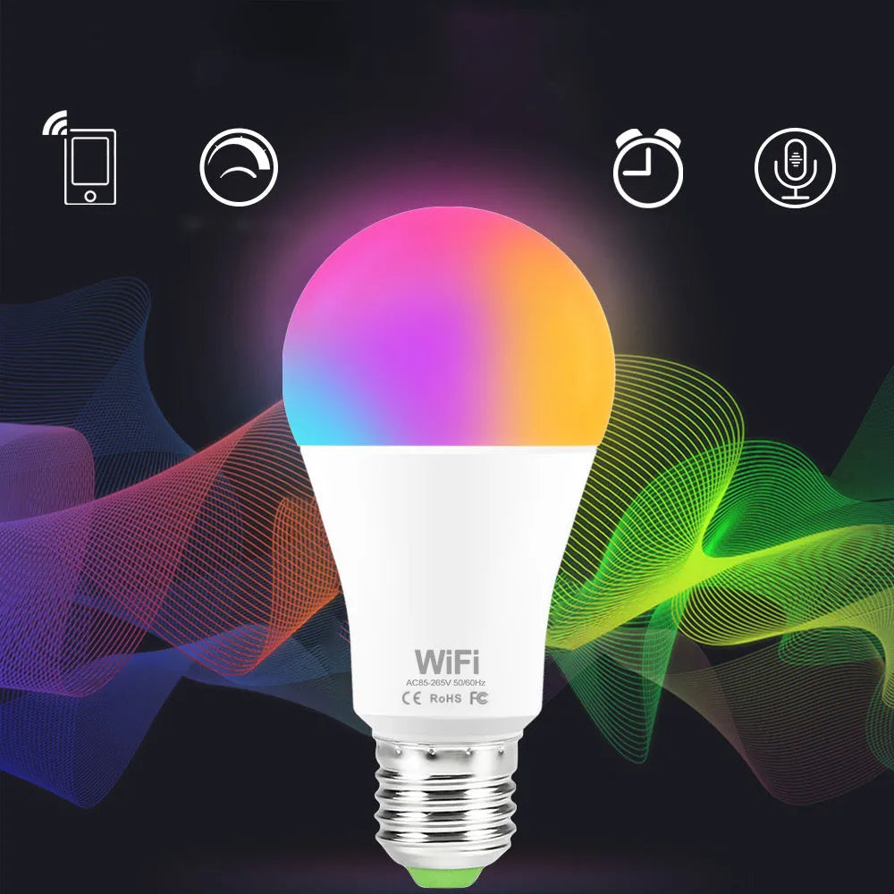 WiFi smart LED light bulb with E27 screw base showing multicolour RGB illumination.