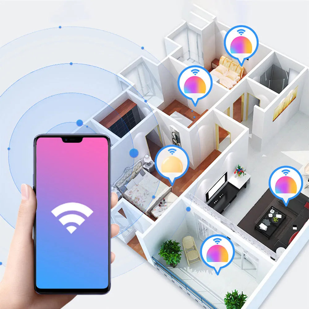WiFi smart LED light bulb with E27 screw base showing multicolour RGB illumination.