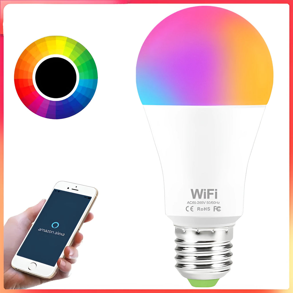 WiFi smart LED light bulb with E27 screw base showing multicolour RGB illumination.