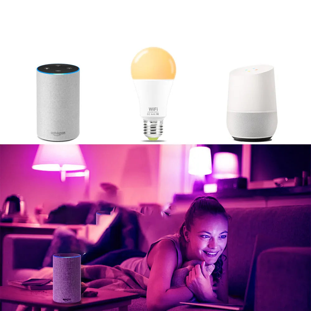 WiFi smart LED light bulb with E27 screw base showing multicolour RGB illumination.