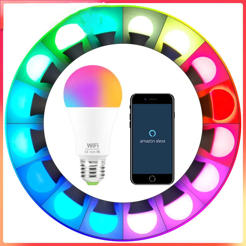 WiFi smart LED light bulb with E27 screw base showing multicolour RGB illumination.