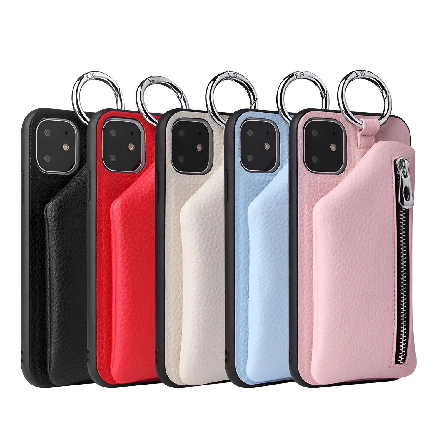 Pink imitation leather crossbody phone case with attached lanyard and zipped coin purse.