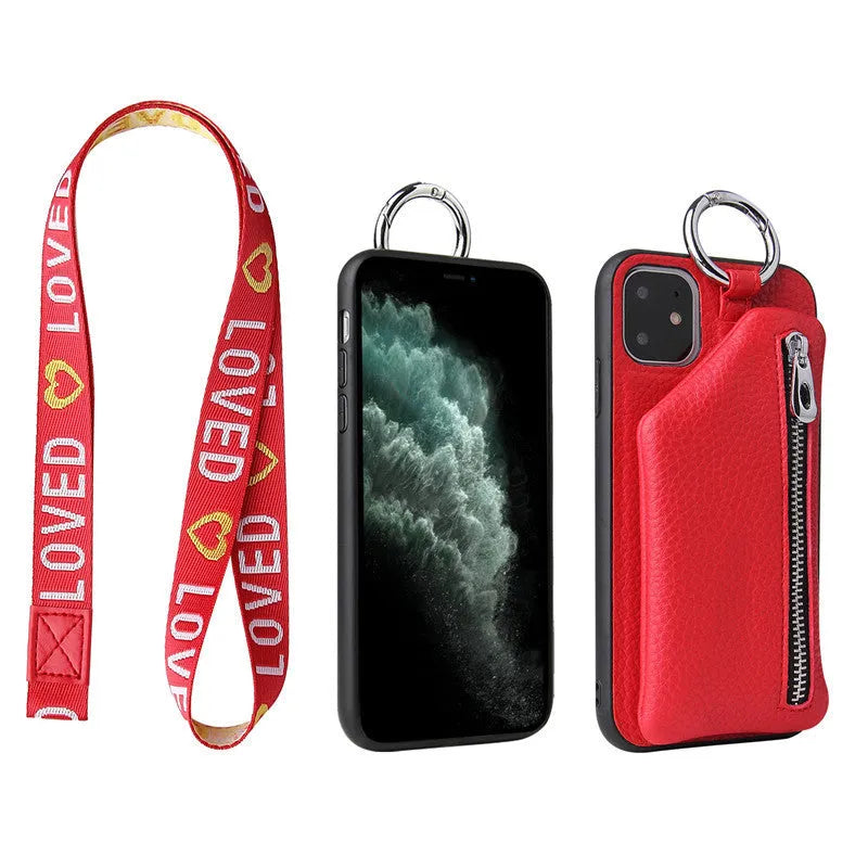 Pink imitation leather crossbody phone case with attached lanyard and zipped coin purse.