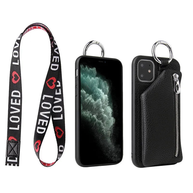 Pink imitation leather crossbody phone case with attached lanyard and zipped coin purse.
