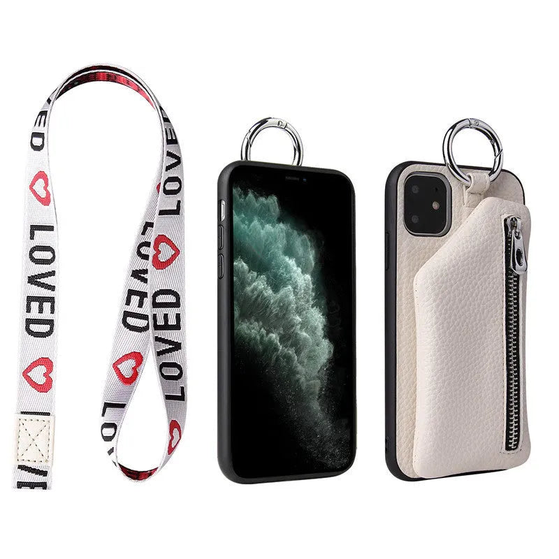 Pink imitation leather crossbody phone case with attached lanyard and zipped coin purse.
