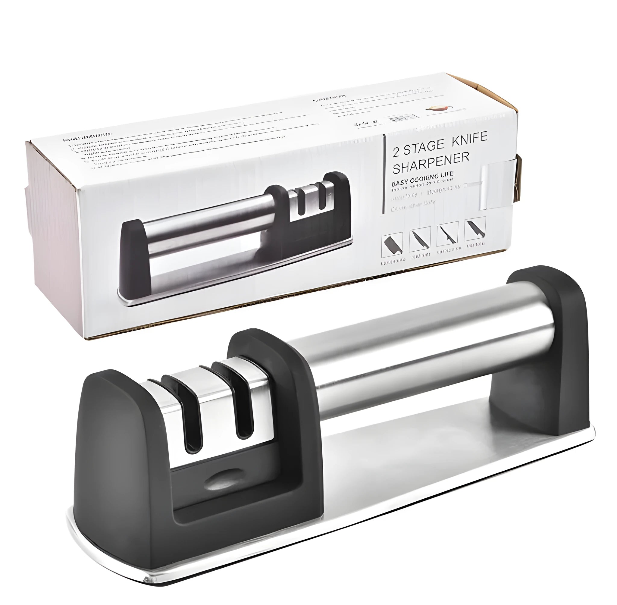 A black manual kitchen knife sharpener made from ABS plastic with an integrated handle.