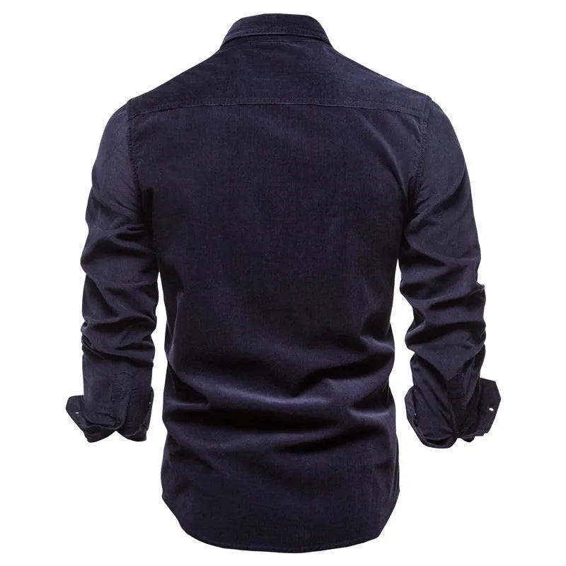 Men's long-sleeve linen shirt on a hanger, showing available colour options including navy blue, grey, and white.