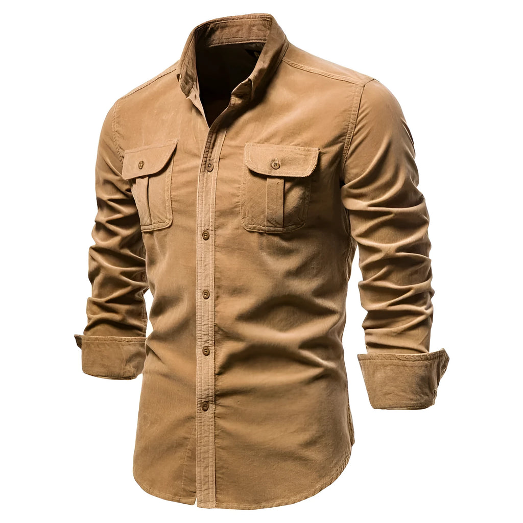 Men's long-sleeve linen shirt on a hanger, showing available colour options including navy blue, grey, and white.