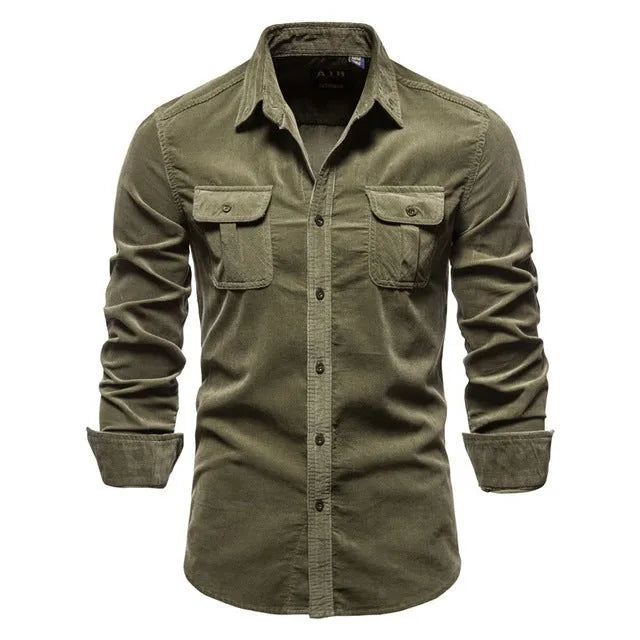 Men's long-sleeve linen shirt on a hanger, showing available colour options including navy blue, grey, and white.