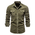 Men's long-sleeve linen shirt on a hanger, showing available colour options including navy blue, grey, and white.