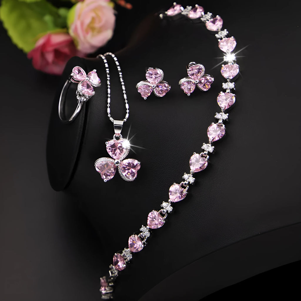 Women's zircon jewelry set with earrings, necklace, and bracelet in pink Korean style