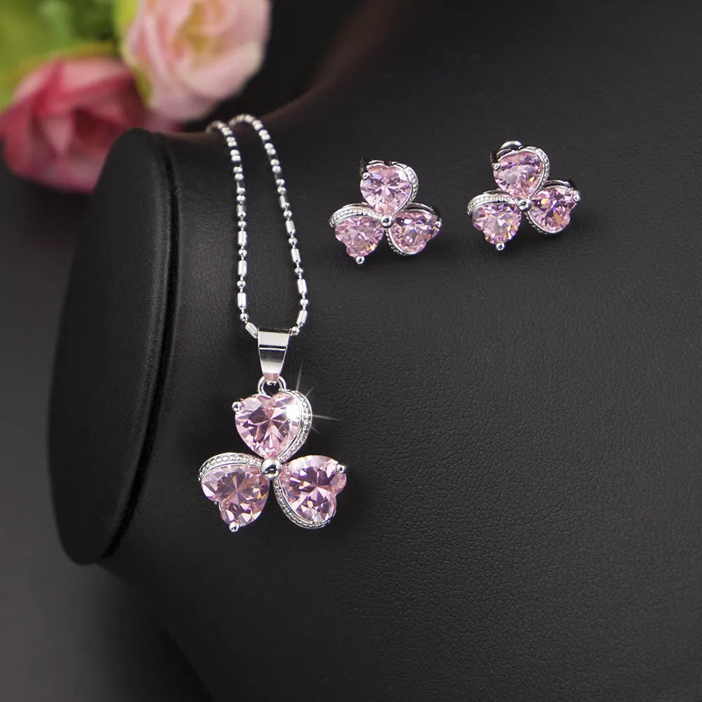 Women's zircon jewelry set with earrings, necklace, and bracelet in pink Korean style