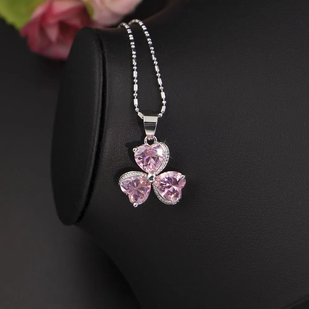 Women's zircon jewelry set with earrings, necklace, and bracelet in pink Korean style