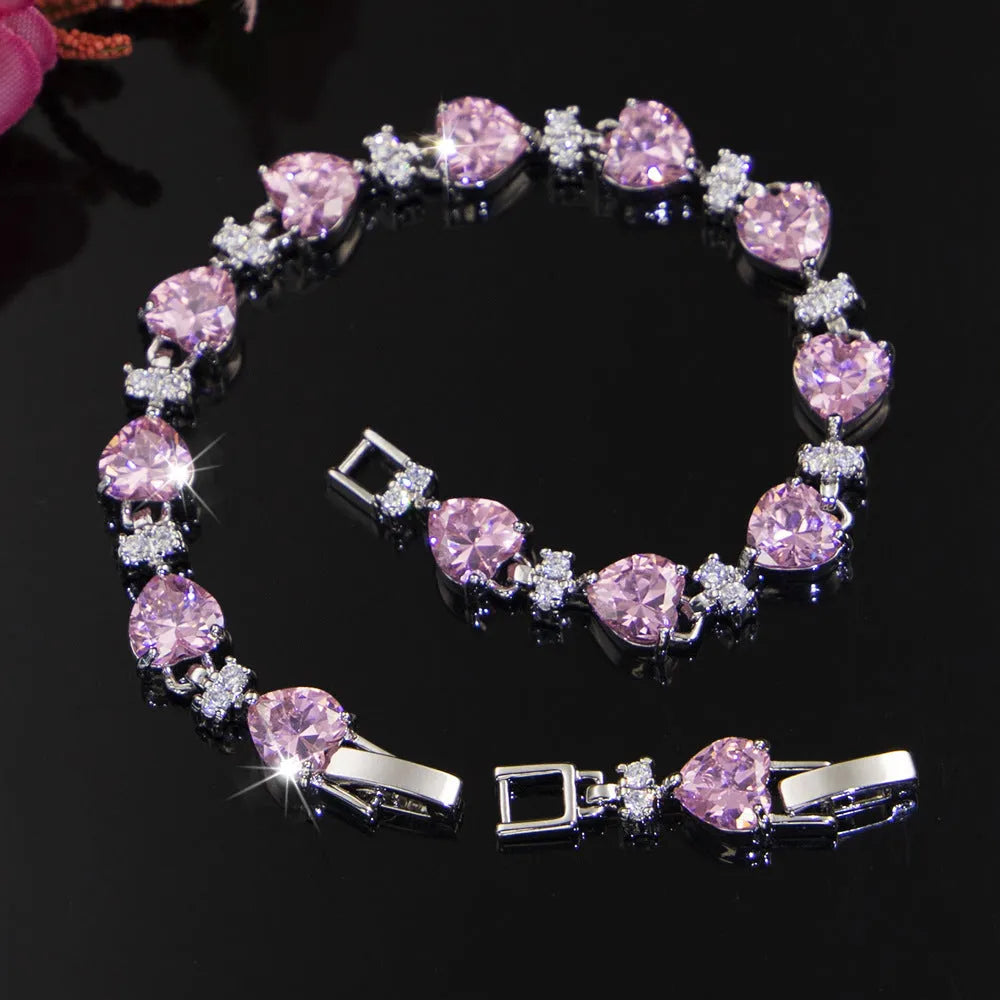 Women's zircon jewelry set with earrings, necklace, and bracelet in pink Korean style