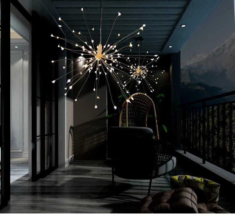 Solar-powered LED meteor shower chandelier light with multiple warm white LEDs for indoor or outdoor decoration.
