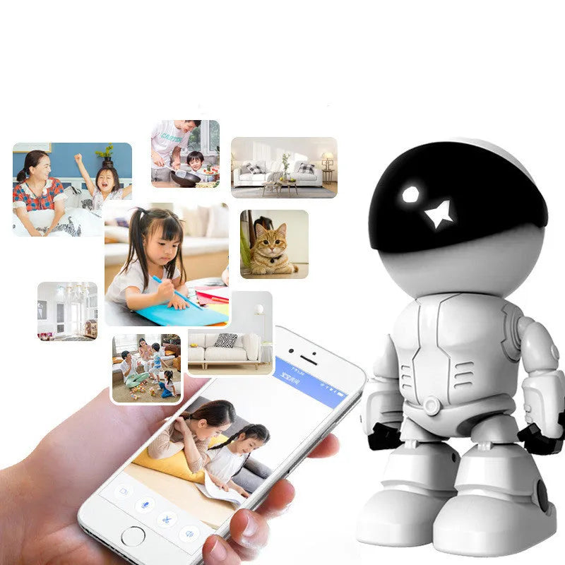 Silver remote HD night vision robot security camera with PTZ rotation and wide-angle lens