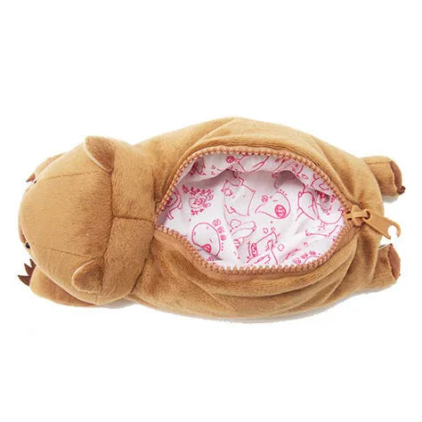 Brown plush pencil case with cartoon wombat design and a silver zipper, open to show interior.