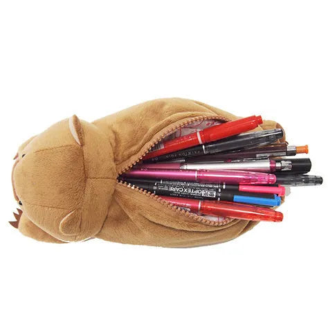 Brown plush pencil case with cartoon wombat design and a silver zipper, open to show interior.