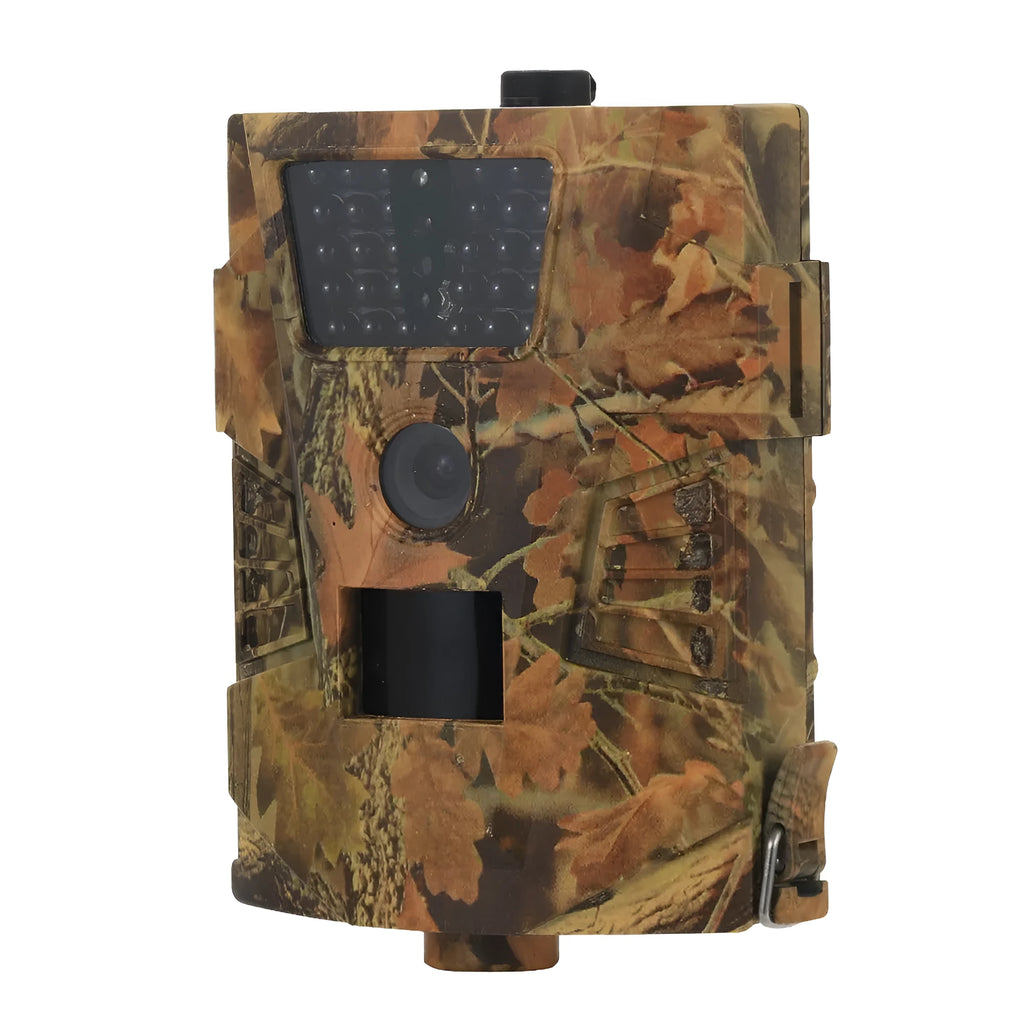 Orchard surveillance camera with compact black casing and lens for outdoor farm security monitoring