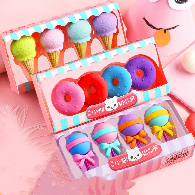Set of 12 cartoon-shaped erasers including cones, ice creams, donuts, and lollipops for children.