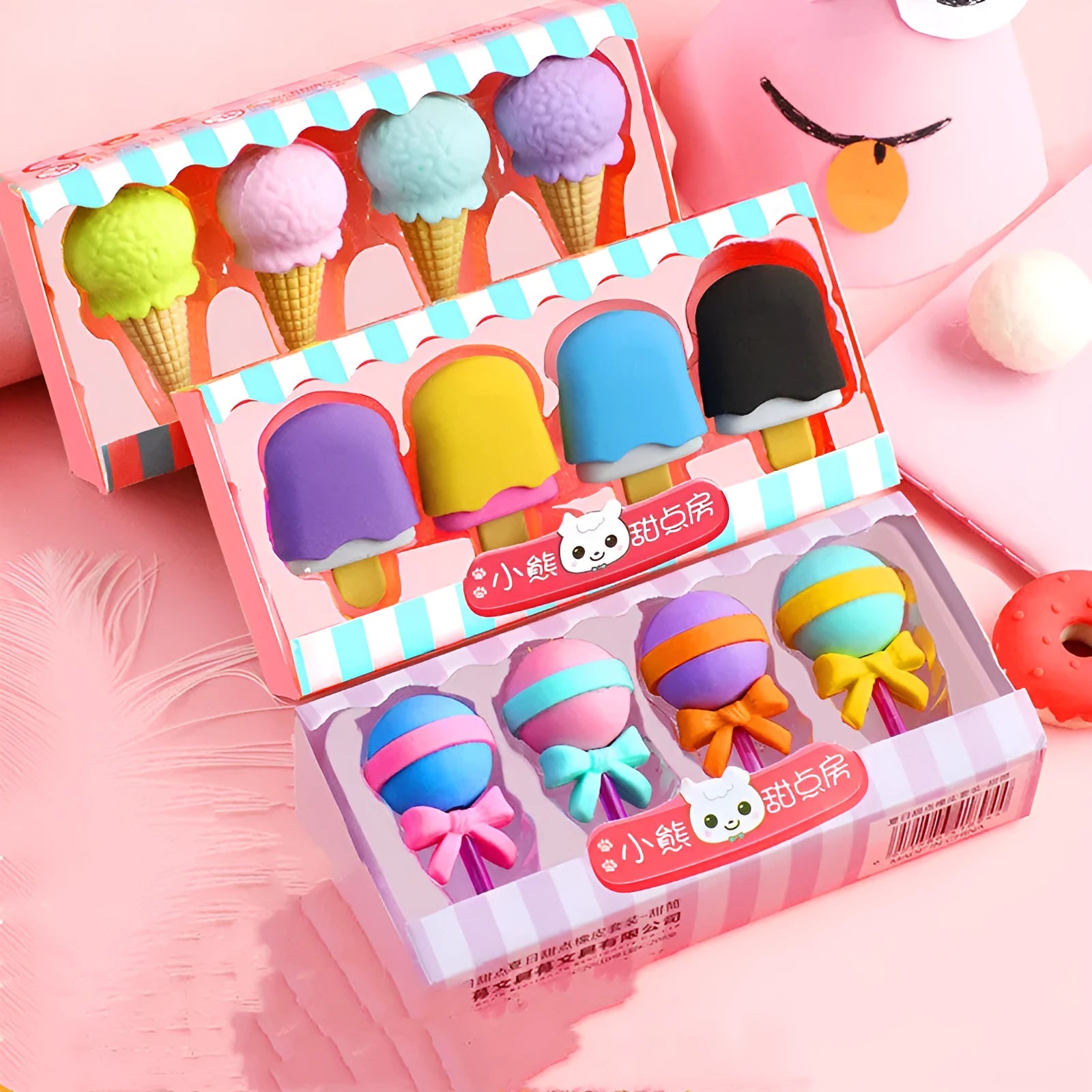 Set of 12 cartoon-shaped erasers including cones, ice creams, donuts, and lollipops for children.