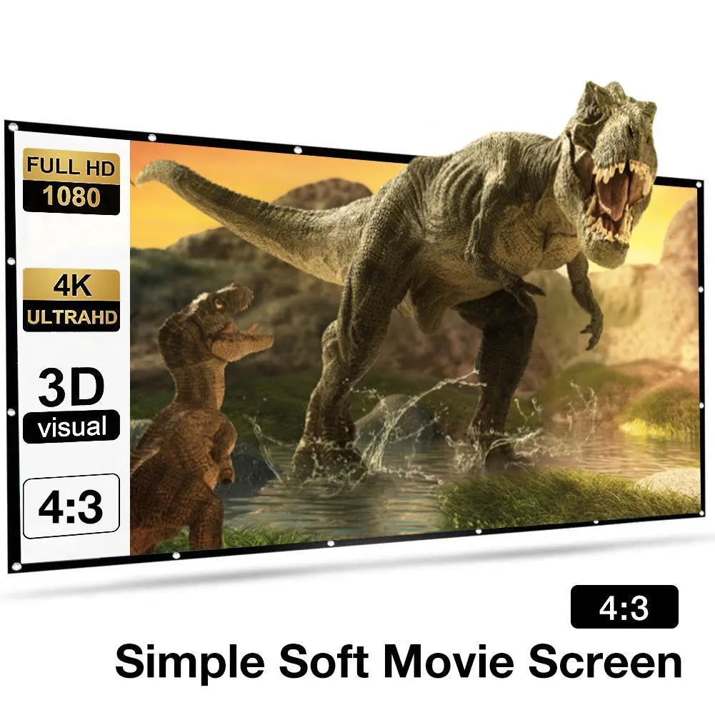 White foldable 150-inch 4:3 portable projector screen laid out flat on a floor.