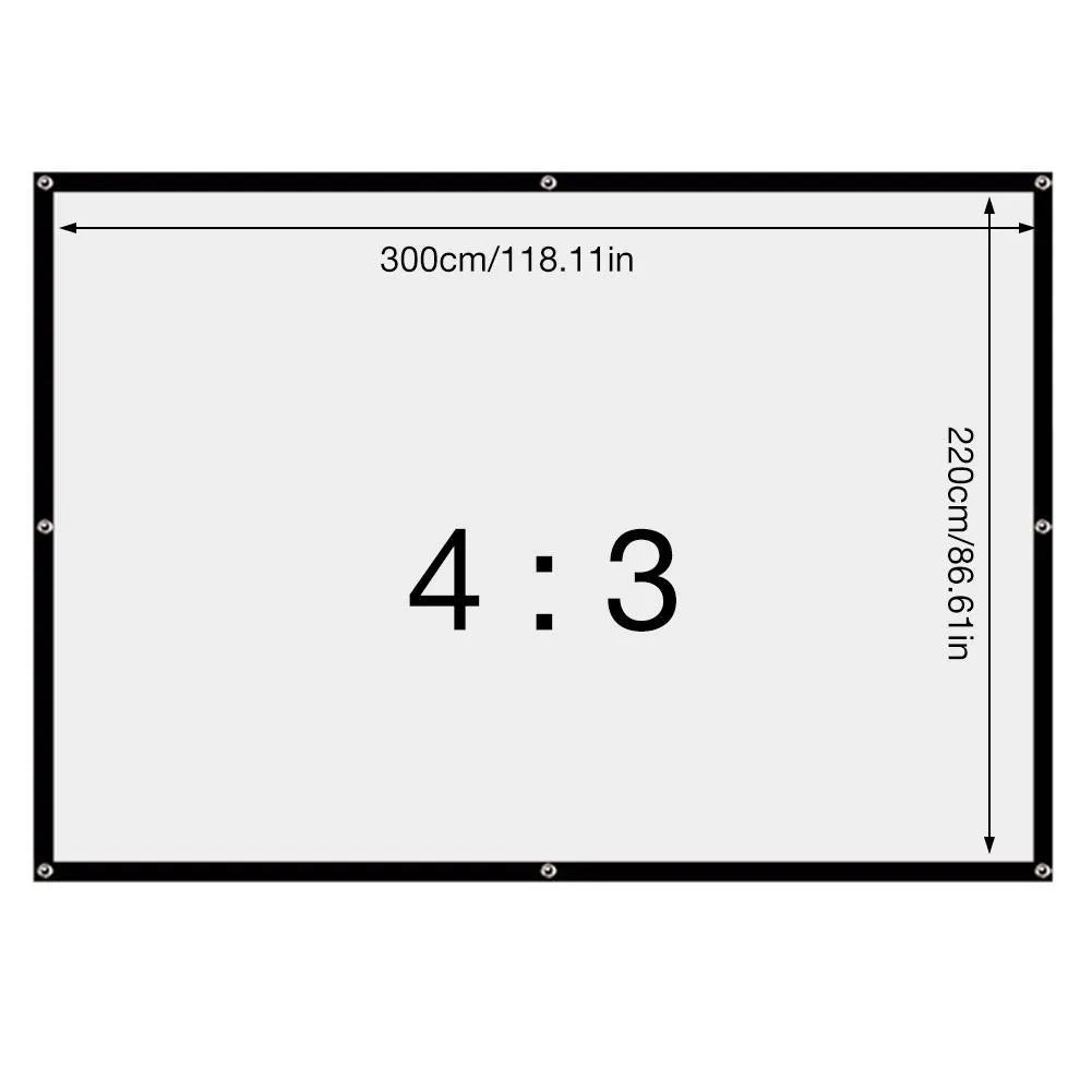White foldable 150-inch 4:3 portable projector screen laid out flat on a floor.